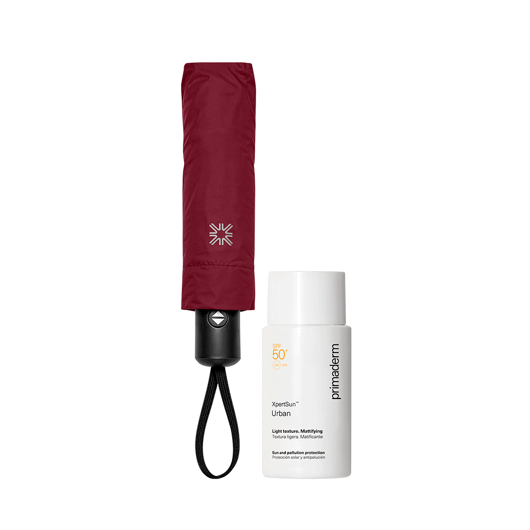 Pack Protección UV 360° – Singuladerm XPERT SUN + Sombrilla UV Line Guinda